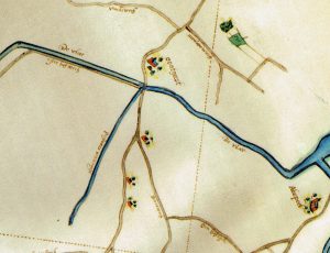 De Pastoorswatering op een kaart uit 1620. De afwateringssloot mondt uit in de Vliet, nu het Oegstgeesterkanaal. De rood gekleurde kerk bij 'oogstgeest' is de voorganger van het Groene Kerkje
